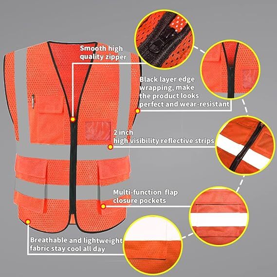 Breathable Hi-Vis Mesh Safety Vest with Zipper & Pockets, Meets ANSI/ISEA Standards
