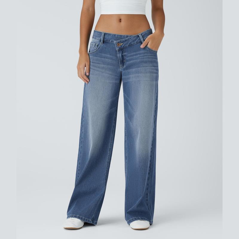 Asymmetric Wide Leg Zipper Pocket Jeans