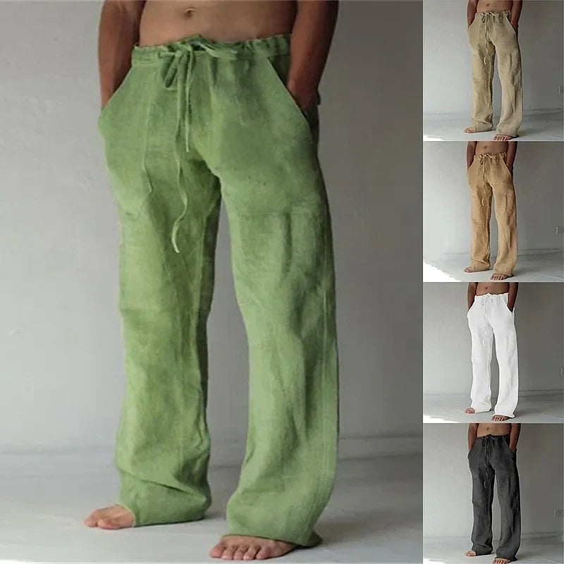 Men's Linen Casual Pants Solid Color Fashion Straight-Leg Trousers Baggy Pants With Pockets Drawstring Elastic Waist Design Beach Pants Daily Yoga Comfort Soft Mid Waist Green White Khaki 3XL