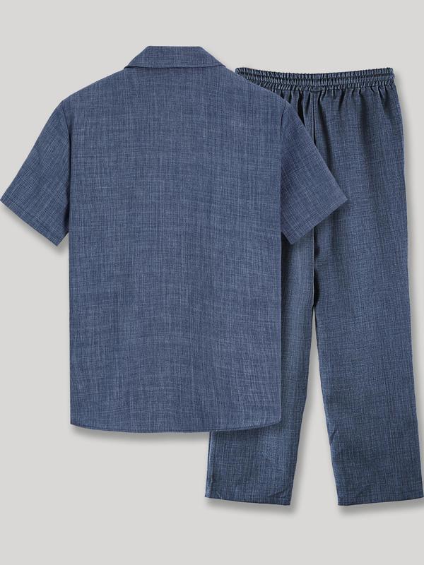 Men's Solid Button Shirt & Drawstring Waist Pants Loungewear